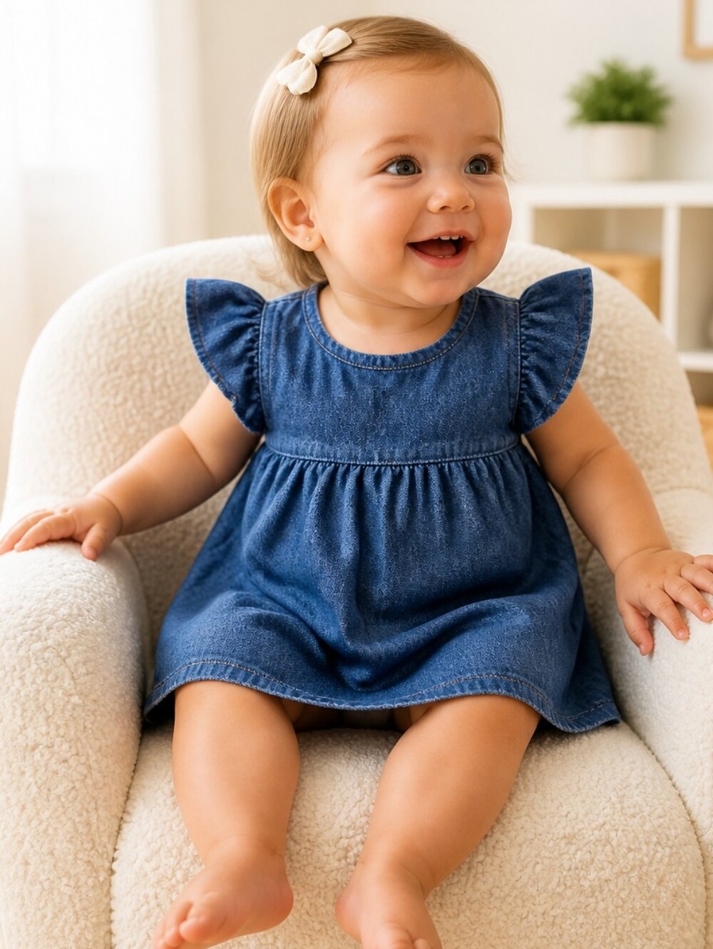 Baby Girl Dress 12M Blue Denim Look Knit Flutter Sleeve Babydoll Soft Casual